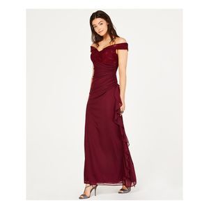 B&A  BY BETSY & ADAM Womens Burgundy Off The Shoulder Maxi Dress Petites 8P